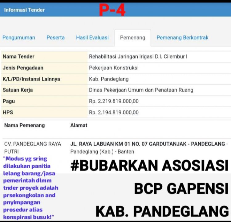Pemkab Pandeglang Di Tuntut Oleh P-4 Untuk Membatalkan Atau Menggugurkan Tender Lelang Dini.