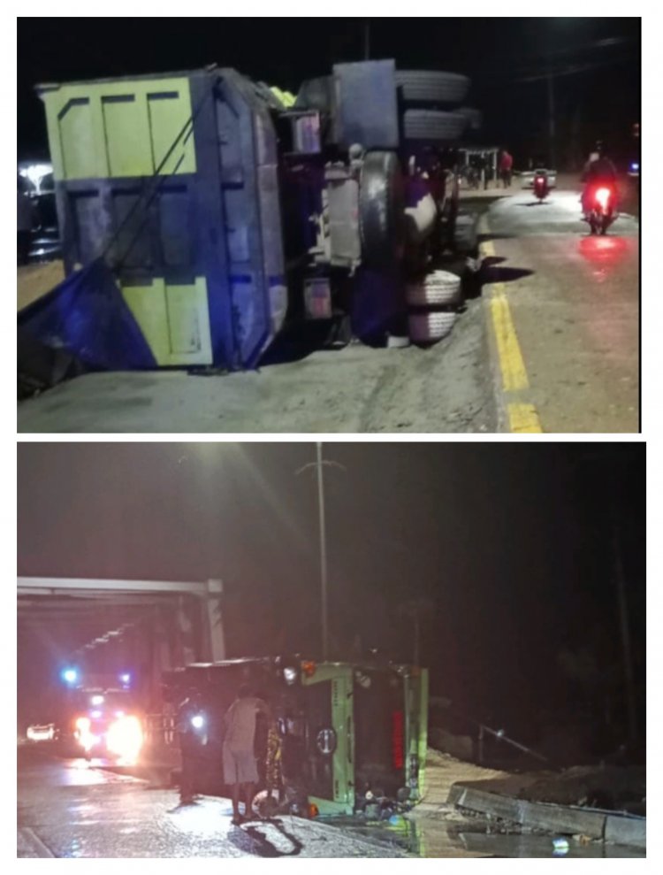 Pengemudi Diduga Ngantuk Dan Kelelahan Dump truck Lakalantas Di Titik Lokasi Jembatan Ciara Desa Batu Goong