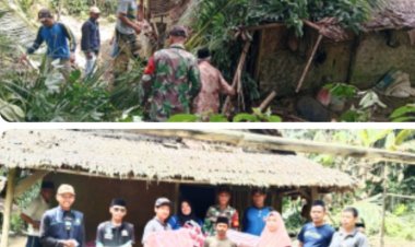 Rumah Warga Turus Patia Tertimpa Pohon Tubang, Koramil Pagelaran, Camat Patia, Polsek Patia & Pemdes Turus Gerak Cepat Lakukan Evakuasi