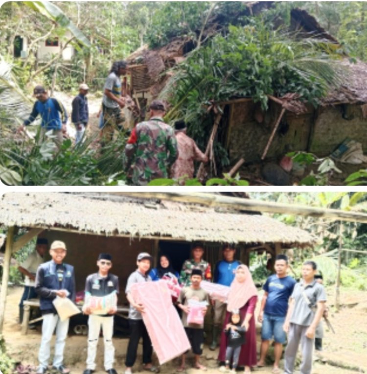 Rumah Warga Turus Patia Tertimpa Pohon Tubang, Koramil Pagelaran, Camat Patia, Polsek Patia & Pemdes Turus Gerak Cepat Lakukan Evakuasi