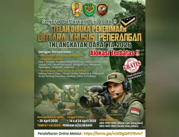 Kodam 3/Siliwangi Buka Pendaftaran Bintara TNI Khusus Penerangan Tahun 2026