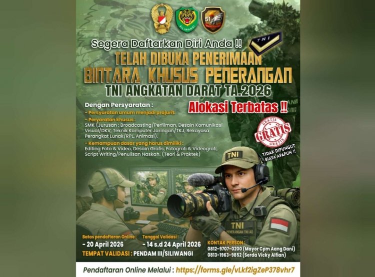 Kodam 3/Siliwangi Buka Pendaftaran Bintara TNI Khusus Penerangan Tahun 2026